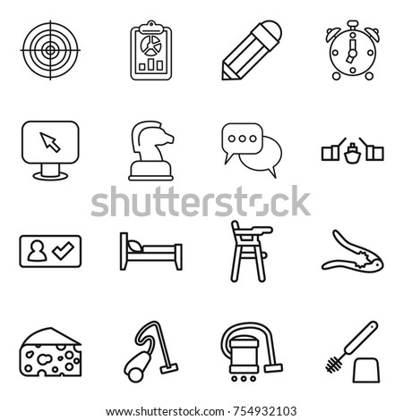 thin line icon set : target, report, pencil, alarm clock, monitor arrow, chess horse, discussion, drawbridge, check in, bed, Chair for babies, walnut crack, cheese, vacuum cleaner, toilet brush