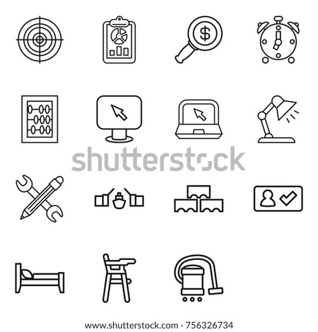 Thin line icon set : target, report, dollar magnifier, alarm clock, abacus, monitor arrow, notebook, table lamp, pencil wrench, drawbridge, block wall, check in, bed, Chair for babies