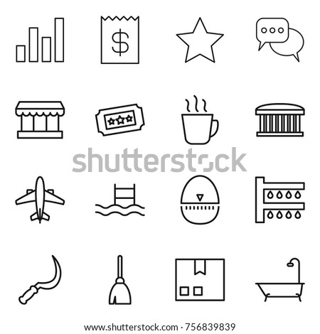 thin line icon set : graph, receipt, star, discussion, market, ticket, hot drink, airport building, airplane, pool, egg timer, watering, sickle, broom, package, bath