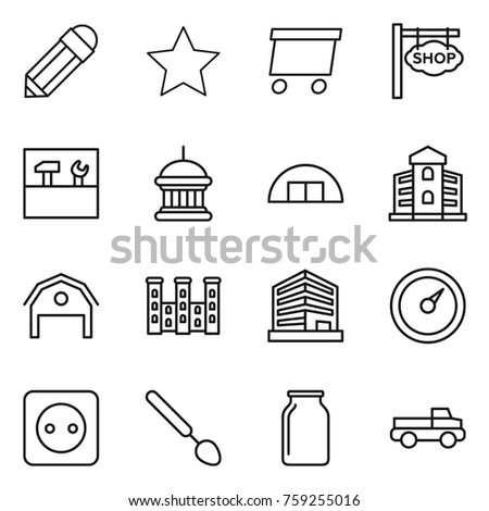 Thin line icon set : pencil, star, delivery, shop signboard, tools, goverment house, hangare, building, barn, palace, office, barometer, power socket, big spoon, bank, pickup