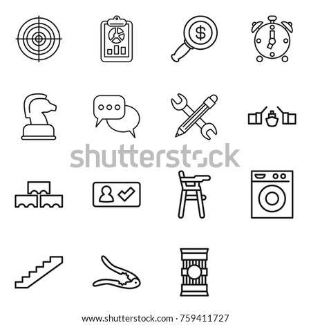 Thin line icon set : target, report, dollar magnifier, alarm clock, chess horse, discussion, pencil wrench, drawbridge, block wall, check in, Chair for babies, washing machine, stairs, walnut crack