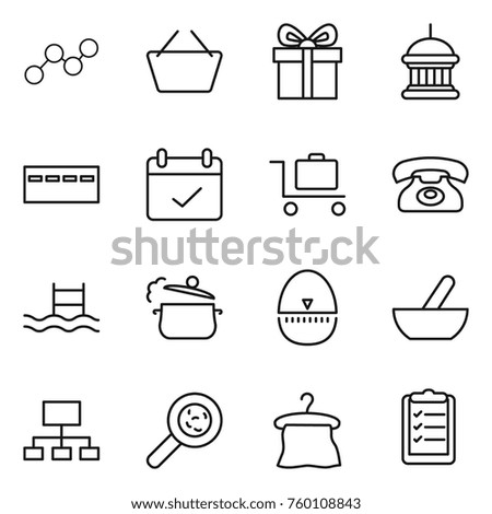 Thin line icon set : graph, basket, gift, goverment house, bunker, terms, baggage trolley, phone, pool, steam pan, egg timer, mortar, hierarchy, viruses, hanger, clipboard list