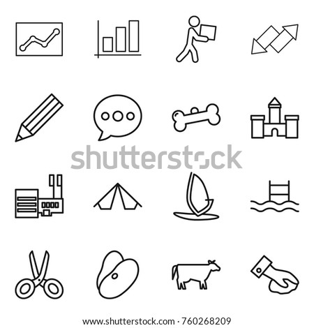 Thin line icon set : statistics, graph, courier, up down arrow, pencil, balloon, bone, castle, mall, tent, windsurfing, pool, scissors, beans, cow, wiping