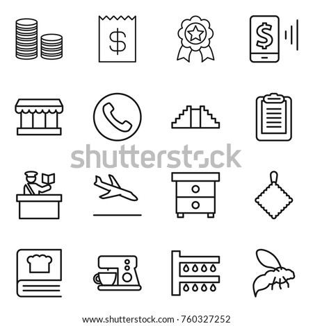 Thin line icon set : coin stack, receipt, medal, mobile pay, market, phone, pyramid, clipboard, inspector, arrival, nightstand, rag, cooking book, coffee maker, watering, wasp