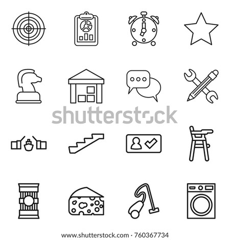 Thin line icon set : target, report, alarm clock, star, chess horse, warehouse, discussion, pencil wrench, drawbridge, stairs, check in, Chair for babies, pasta, cheese, vacuum cleaner
