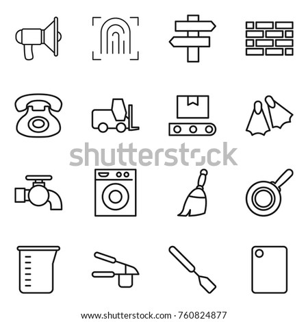 Thin line icon set : loudspeaker, fingerprint, singlepost, brick wall, phone, fork loader, transporter tape, flippers, water tap, washing machine, broom, pan, measuring cup, garlic clasp, spatula