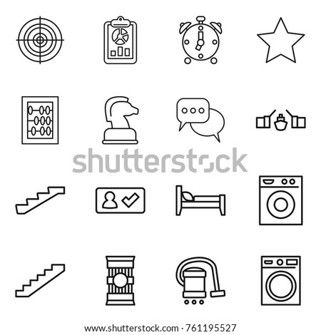 Thin line icon set : target, report, alarm clock, star, abacus, chess horse, discussion, drawbridge, stairs, check in, bed, washing machine, pasta, vacuum cleaner