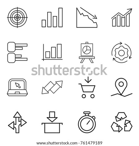 Thin line icon set : target, graph, crisis, diagram, presentation, around gear, notebook, up down arrow, add to cart, geo pin, route, package, stopwatch, recycling