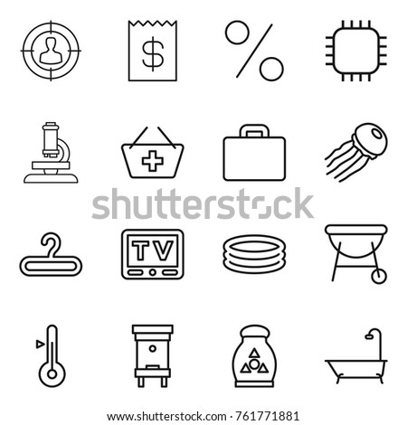Thin line icon set : target audience, receipt, percent, chip, microscope, add to basket, suitcase, jellyfish, hanger, tv, inflatable pool, bbq, thermometer, hive, fertilizer, bath