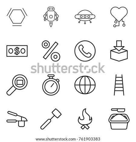 Thin line icon set : hex molecule, jet robot, ufo, cardio chip, money, percent, phone, package, cargo search, stopwatch, globe, stairs, garlic clasp, meat hammer, fire, washing powder