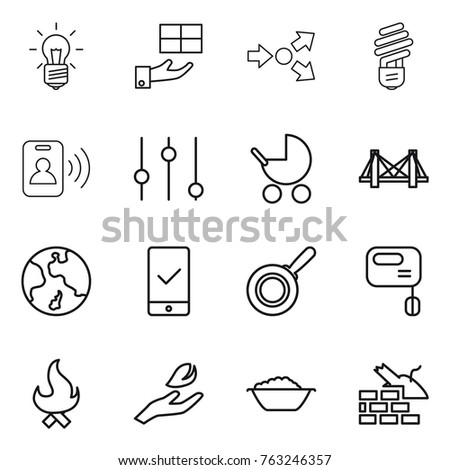 Thin line icon set : bulb, gift, core splitting, pass card, equalizer, baby stroller, bridge, earth, mobile checking, pan, mixer, fire, hand leaf, foam basin, construct garbage