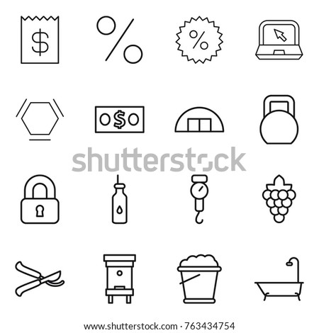 Thin line icon set : receipt, percent, notebook, hex molecule, money, hangare, heavy, locked, vegetable oil, handle scales, grape, pruner, hive, foam bucket, bath