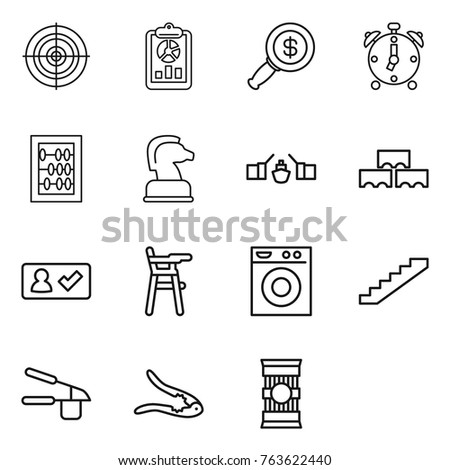 Thin line icon set : target, report, dollar magnifier, alarm clock, abacus, chess horse, drawbridge, block wall, check in, Chair for babies, washing machine, stairs, garlic clasp, walnut crack