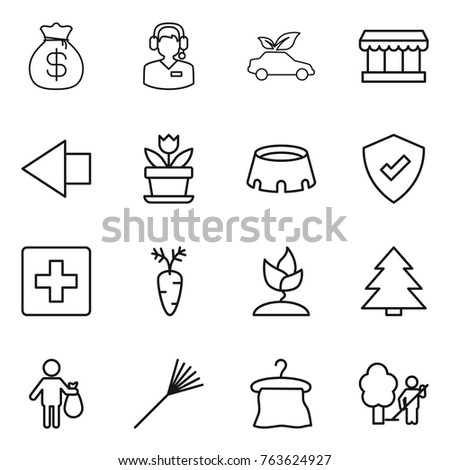 Thin line icon set : money bag, call center, eco car, market, left arrow, flower, stadium, protected, first aid, carrot, sprouting, spruce, trash, rake, hanger, garden cleaning