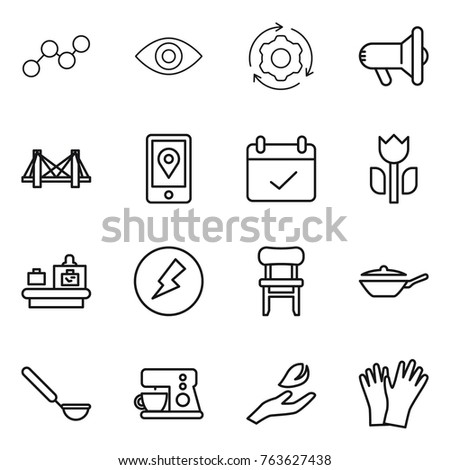 Thin line icon set : graph, eye, around gear, megafon, bridge, mobile location, terms, perishable, baggage checking, electricity, chair, pan, ladle, coffee maker, hand leaf, gloves