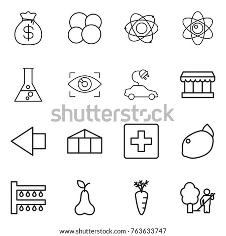Thin line icon set : money bag, atom core, flask, eye identity, electric car, market, left arrow, greenhouse, first aid, lemon, watering, pear, carrot, garden cleaning