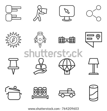 Thin line icon set : diagram, courier, monitor arrow, molecule, sun power, jet robot, school, location details, pin, client, parachute delivery, floor lamp, steam pan, spices, pickup