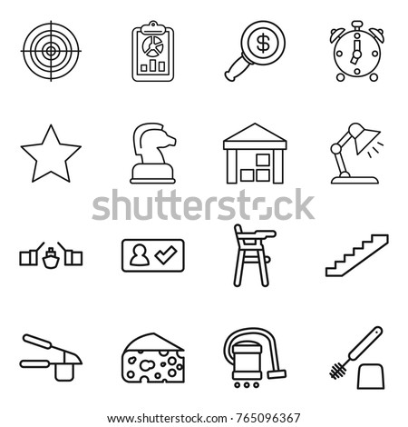 Thin line icon set : target, report, dollar magnifier, alarm clock, star, chess horse, warehouse, table lamp, drawbridge, check in, Chair for babies, stairs, garlic clasp, cheese, vacuum cleaner