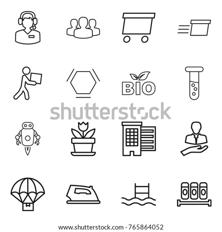 Thin line icon set : call center, group, delivery, courier, hex molecule, bio, vial, jet robot, flower, houses, client, parachute, iron, pool, spices