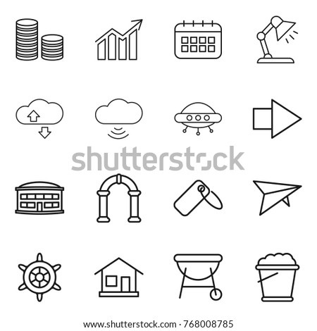 Thin line icon set : coin stack, diagram, calendar, table lamp, cloude service, cloud wireless, ufo, right arrow, airport building, arch, label, deltaplane, handwheel, home, bbq, foam bucket