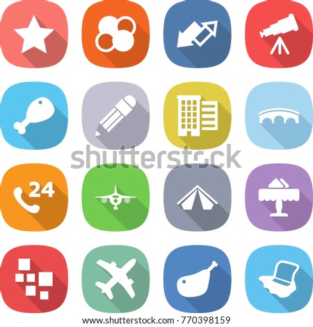 flat vector icon set - star vector, atom core, up down arrow, telescope, chicken leg, pencil, houses, bridge, phone 24, plane, tent, restaurant, blocks, floor washing