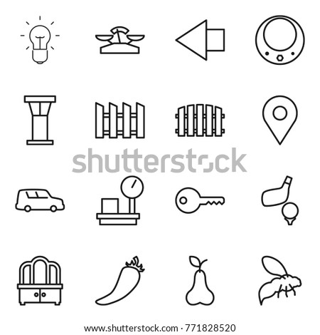 Thin line icon set : bulb, scales, left arrow, necklace, airport tower, fence, geo pin, car shipping, warehouse, key, golf, dresser, hot pepper, pear, wasp