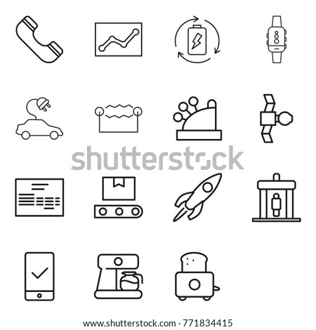 Thin line icon set : phone, statistics, battery charge, smart watch, electric car, electrostatic, cashbox, satellite, invoice, transporter tape, rocket, detector, mobile checking, coffee maker