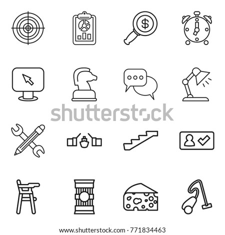 Thin line icon set : target, report, dollar magnifier, alarm clock, monitor arrow, chess horse, discussion, table lamp, pencil wrench, drawbridge, stairs, check in, Chair for babies, pasta, cheese