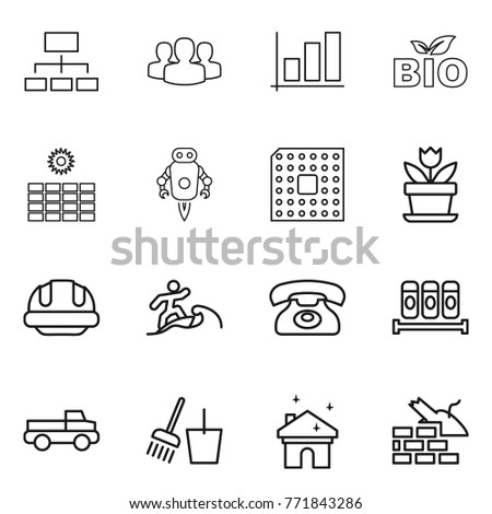 Thin line icon set : hierarchy, group, graph, bio, sun power, jet robot, cpu, flower, building helmet, surfer, phone, spices, pickup, bucket and broom, house cleaning, construct garbage