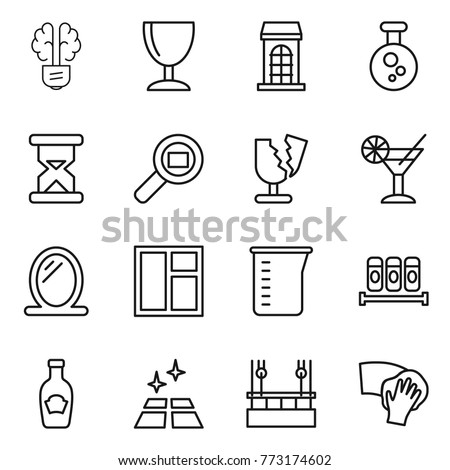 Thin line icon set : bulb brain, wineglass, building, chemical, sand clock, cargo search, broken, cocktail, mirror, window, measuring cup, spices, ketchup, clean floor, skysrcapers cleaning, wiping