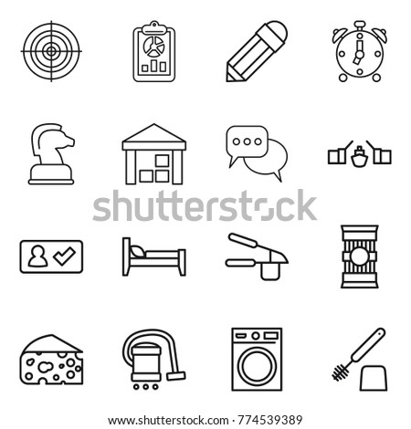 Thin line icon set : target, report, pencil, alarm clock, chess horse, warehouse, discussion, drawbridge, check in, bed, garlic clasp, pasta, cheese, vacuum cleaner, washing machine, toilet brush