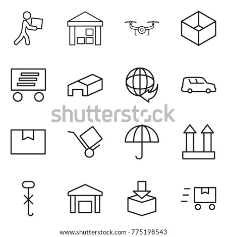 Thin line icon set : courier, warehouse, drone, box, delivery, car shipping, package, trolley, dry cargo, top sign, do not hook, fast deliver