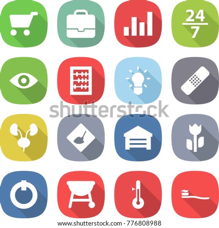 flat vector icon set - cart vector, portfolio, graph, 24 7, eye, abacus, bulb, medical patch, kidneys, under construction, garage, perishable, on off button, bbq, thermometer, tooth brush