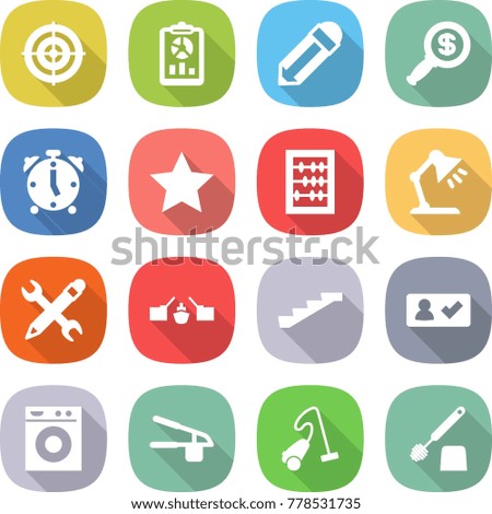 flat vector icon set - target vector, report, pencil, dollar magnifier, alarm clock, star, abacus, table lamp, wrench, drawbridge, stairs, check in, washing machine, garlic clasp, vacuum cleaner