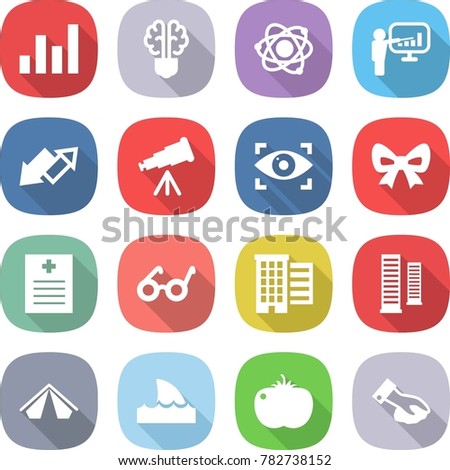 flat vector icon set - graph vector, bulb brain, atom, presentation, up down arrow, telescope, eye identity, bow, recipe, pacemaker, houses, skyscrapers, tent, shark flipper, tomato, wiping