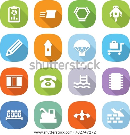 flat vector icon set - report vector, delivery, hex molecule, jet robot, pencil, tower, parachute, baggage trolley, wardrobe, phone, pool, chip, spices, harvester, hard reach place cleaning