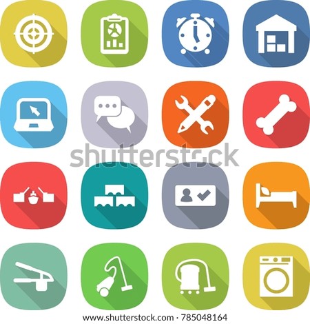 flat vector icon set - target vector, report, alarm clock, warehouse, notebook, discussion, pencil wrench, bone, drawbridge, block wall, check in, bed, garlic clasp, vacuum cleaner, washing machine