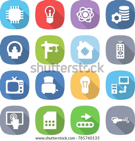 flat vector icon set - chip vector, bulb, atom, virtual mining, tomography, tower crane, smart house, remote control, tv, toaster, data transfer, touchscreen, sim card, conveyor, blower