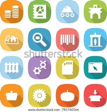 flat vector icon set - coin stack vector, annual report, lunar rover, arch, project, cargo search, bar code, detector, radiator, dna edit, sd card, browser window, pan, flower, pumpkin, package