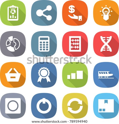 flat vector icon set - report vector, share, investment, bulb, circle diagram, calculator, abacus, dna, remove from basket, medal, sorting, train, ring button, on off, reload, package