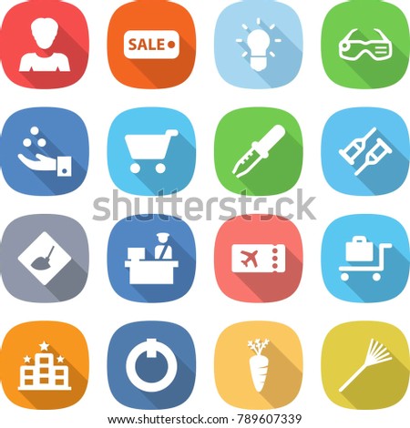 flat vector icon set - woman vector, sale, bulb, smart glasses, chemical industry, cart, pipette, crutch, under construction, customs control, ticket, baggage trolley, hotel, on off button, carrot