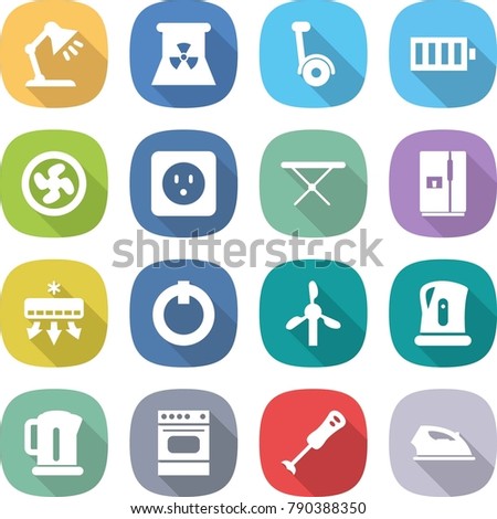 flat vector icon set - table lamp vector, nuclear power, gyroscooter, battery, cooler fan, socket, iron board, fridge, air conditioning, on off button, windmill, kettle, oven, blender