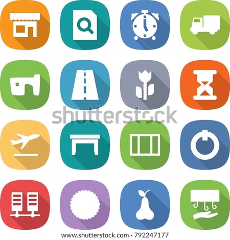 flat vector icon set - shop vector, search document, alarm clock, truck, slum, road, perishable, sand, departure, table, window, on off button, server, cookies, pear, hand dryer