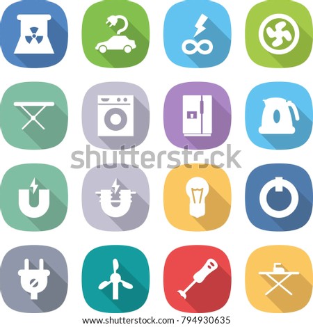 flat vector icon set - nuclear power vector, electric car, infinity, cooler fan, iron board, washing machine, fridge, kettle, magnet, bulb, on off button, plug, windmill, blender