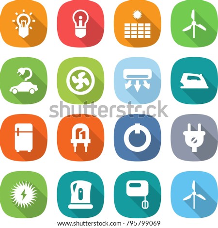 flat vector icon set - bulb vector, sun power, windmill, electric car, cooler fan, air conditioning, iron, fridge, led, on off button, plug, solar, kettle, mixer