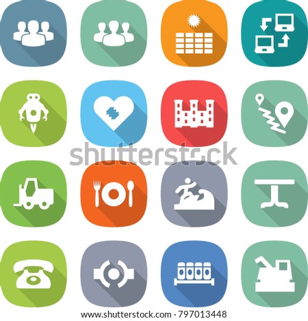 flat vector icon set - group vector, sun power, notebook connect, jet robot, pacemaker, palace, route, fork loader, cafe, surfer, table, phone, spices, harvester