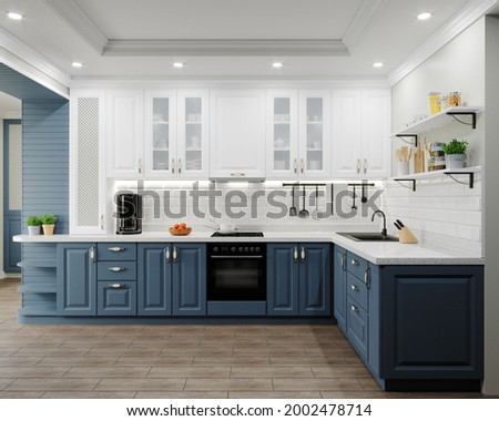 Kitchen in a modern style. Kitchen interior white top, blue bottom. Apron made of tiles for white brick. Corner work area, the kitchen has a coffee maker, dishes. 3d rendering.