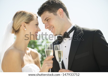 Loving newlywed couple toasting champagne flutes against sky