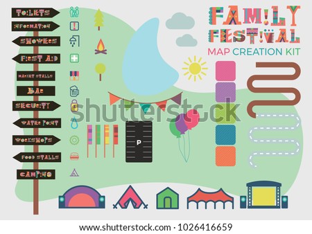 Festival map building kit including signage, roads, stages, area fills, icons, roads, parking and flags.