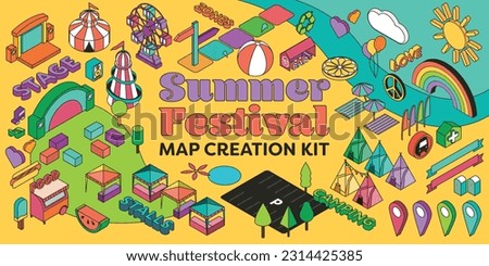 Summer Festival Isometric Map Creation Kit for Events, Fairs, Fetes, Festivals and Carnivals. 3D plan view in vector format. 
